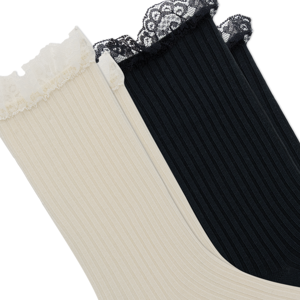 Two ribbed lace-trimmed socks shown diagonally on a white background, one in cream and one in black.