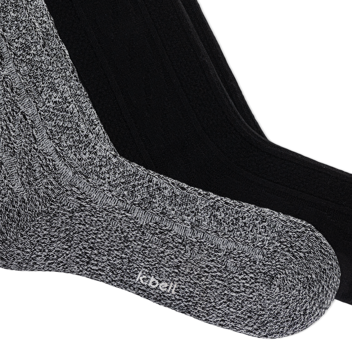 Two knit knee high socks from K-Belt, one in a heathered gray and white marled knit and one in solid black, shown overlapping on a white background.