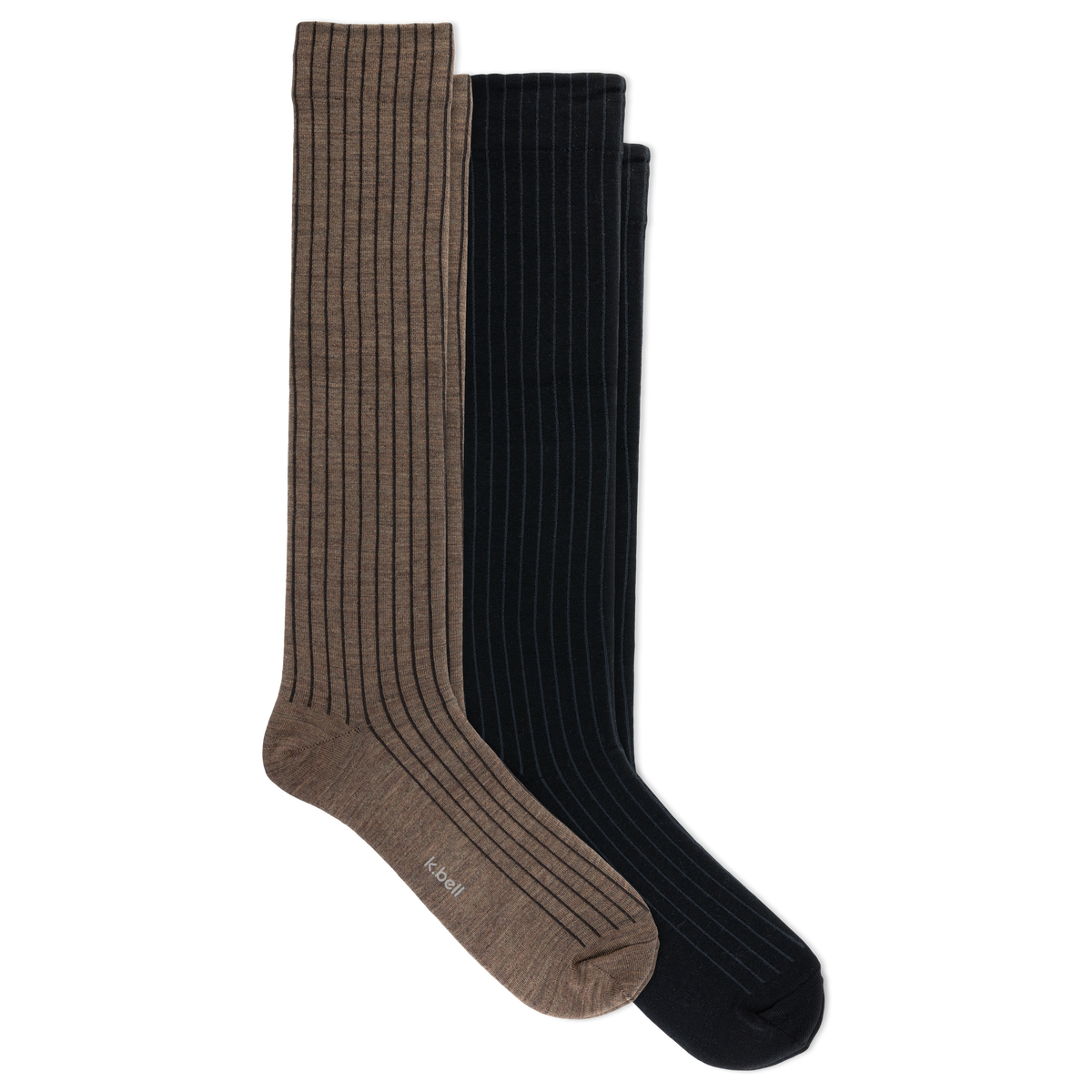 Two ribbed knee-high socks, one in brown and one in black, displayed overlapping on a plain white background.