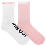 Two socks, one white and one pink, with a brand logo on a white background. thumbnail