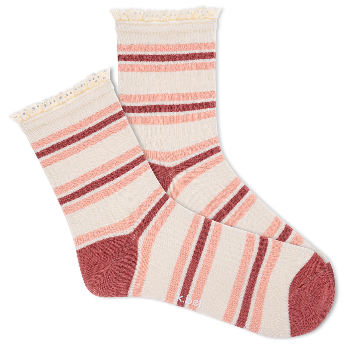 A pair of K.Bell women's ankle socks with crochet lace detail and striped pattern in pink and white colors.