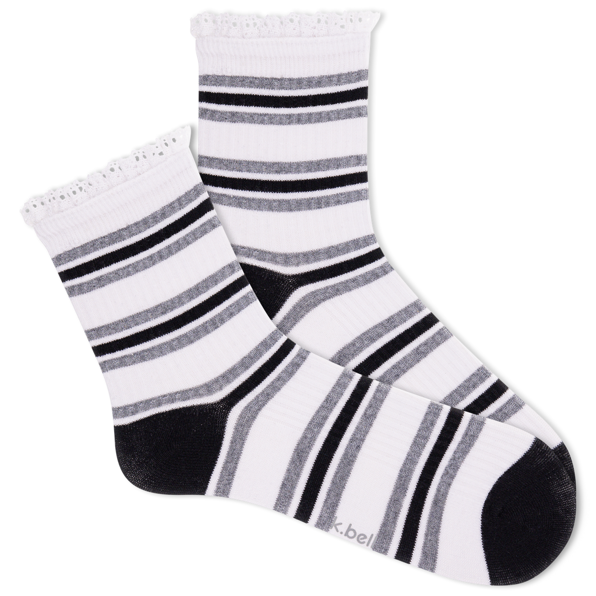 A pair of K.Bell women's ankle socks with crochet lace detail and striped pattern in black, gray and white colors.