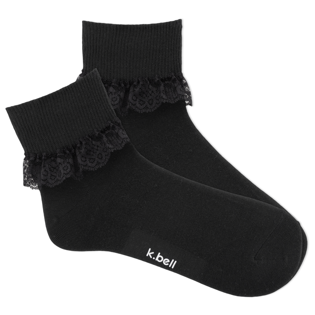 Black socks with lace trim on a white background, featuring the brand 'k.bell'.