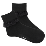 Black socks with lace trim on a white background, featuring the brand 'k.bell'.