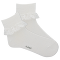 White ankle sock with lace trim and 'k.bell' branding on a white background