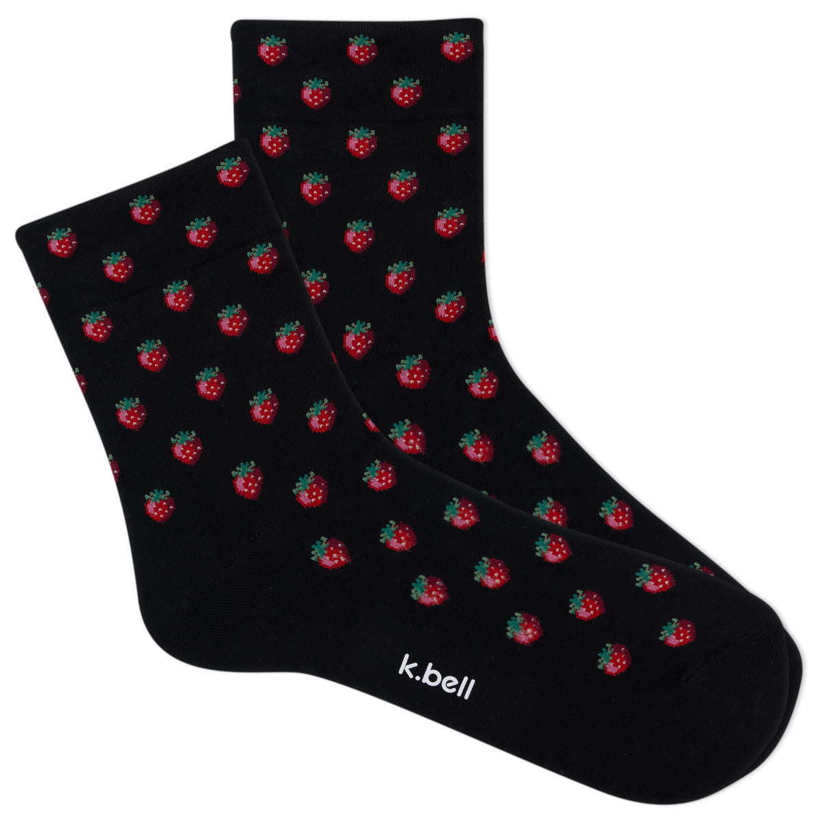 Black socks with red strawberry pattern and 'k.bell' branding on a white background