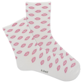 White socks with pink lip prints and 'k.bell' branding on a white background