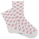 White socks with pink lip prints and 'k.bell' branding on a white background thumbnail
