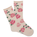 Pink-ish beige socks with pink rose pattern on a white background