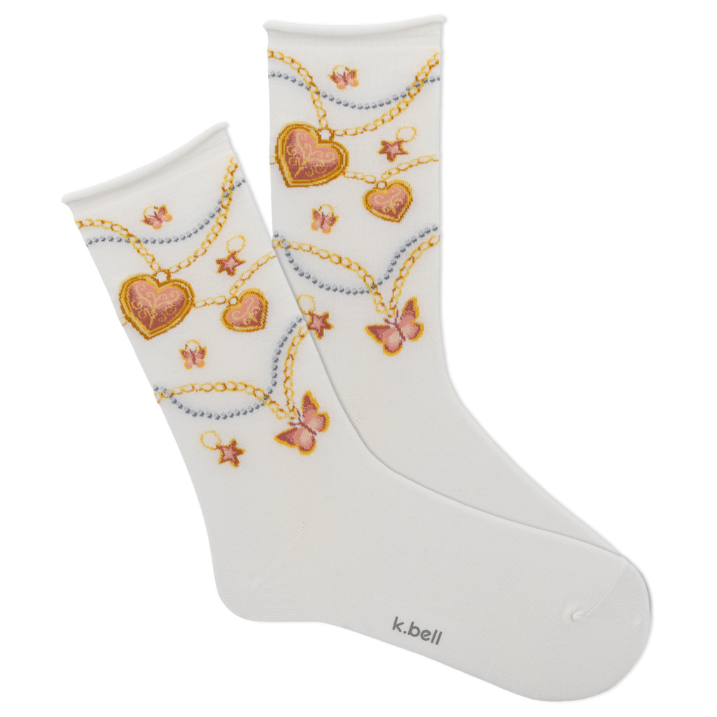 White socks with heart and chain design on a white background, featuring the brand 'k.bell'.
