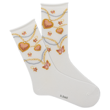 White socks with heart and chain design on a white background, featuring the brand 'k.bell'. thumbnail