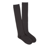 A pair of black knee high socks, displayed against a white background.