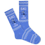 A pair of blue crew socks with ski-inspired text and a graphic. thumbnail