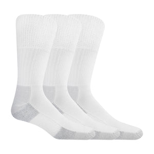 Three pairs of white men's crew socks with visible reinforced heel and toe areas, and non-binding tops.
