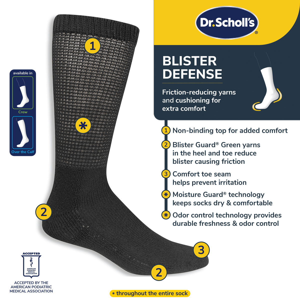 Black sock with Dr. Scholl's blister defense features on a white background