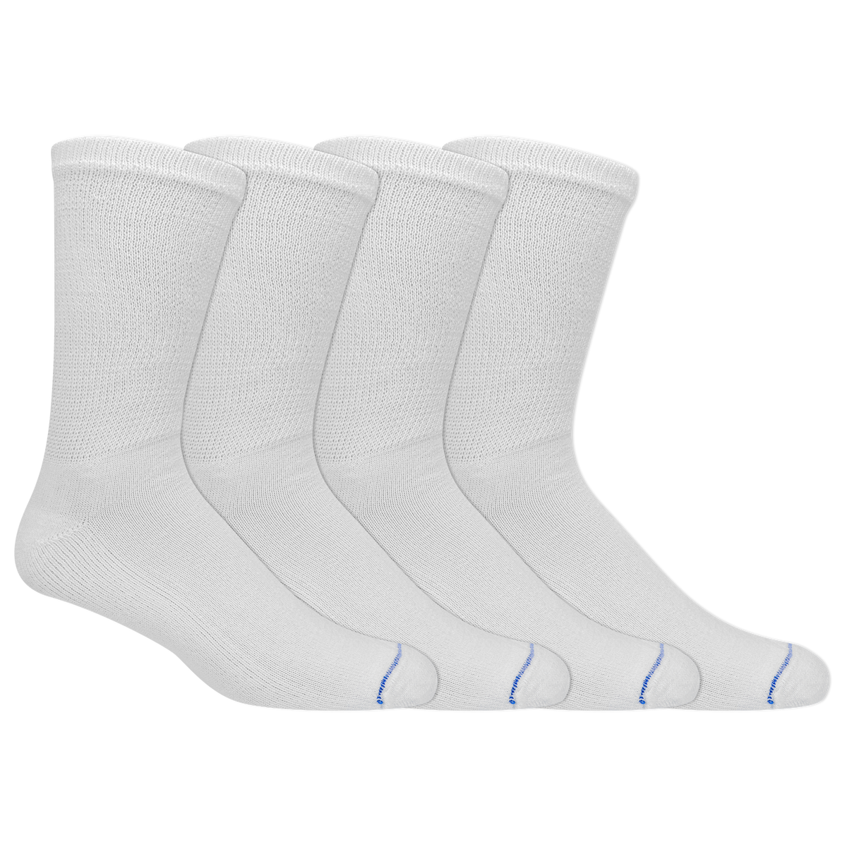 Four pairs of white crew socks arranged in a row, showing a textured knit pattern and a small blue stripe detail near the toes, on a solid white background.
