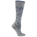 Gray compression sock with blue floral pattern on a white background
