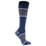 Blue knee-high compression sock with patterned design on a white background thumbnail