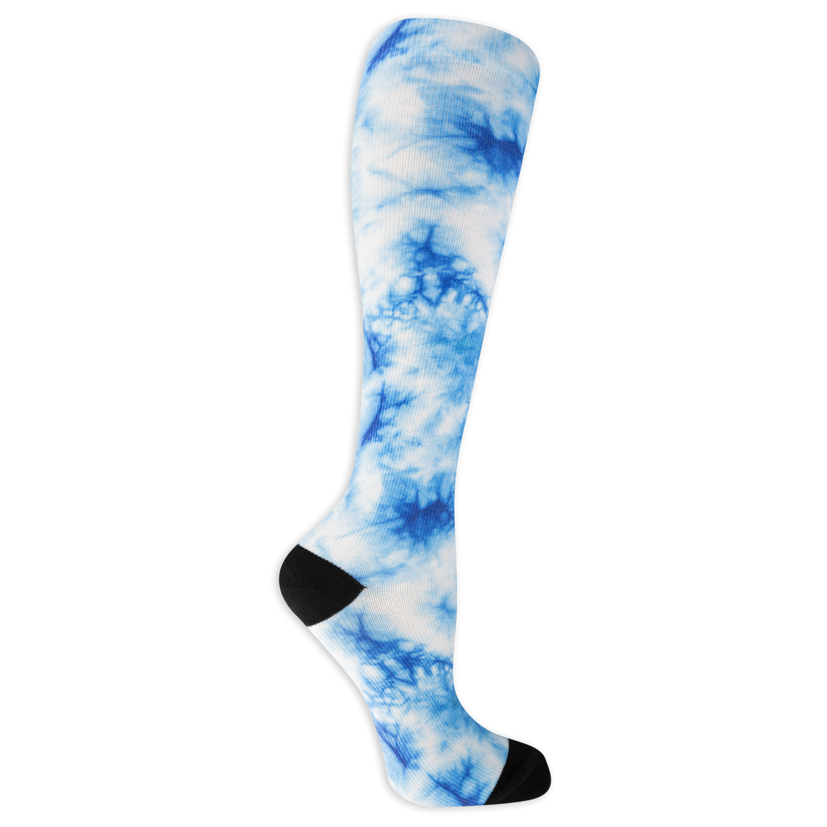 Dr. Scholl's women's compression socks featuring a blue and white tie dye pattern and black accents at the heel and toe.