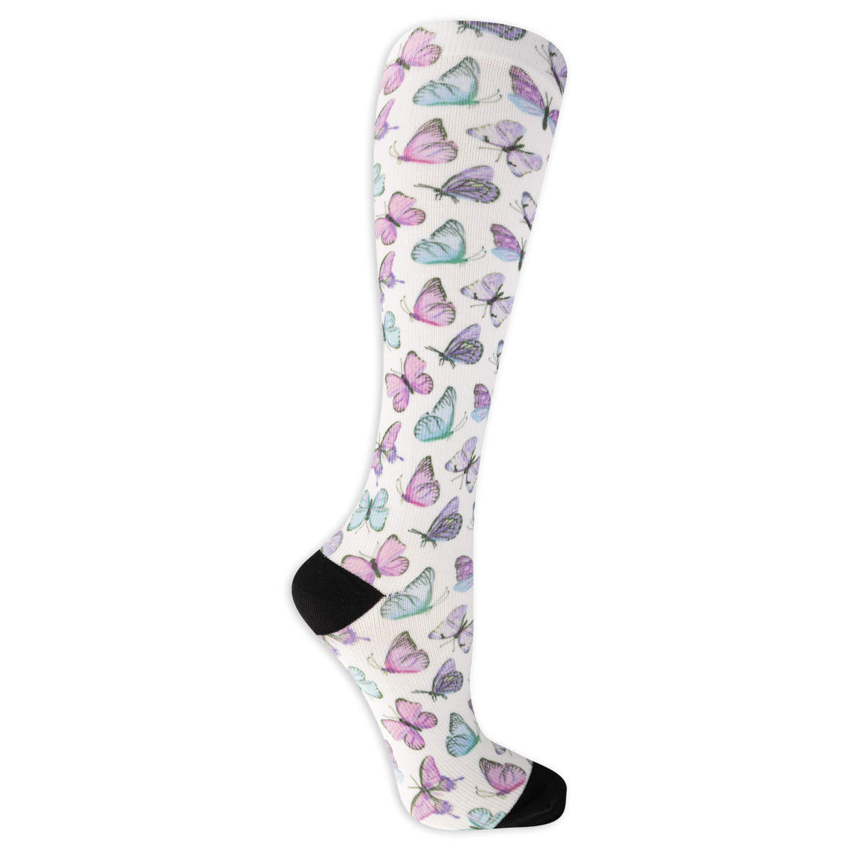 Dr. Scholl's women's white compression socks featuring an butterfly pattern and black accents on the heel and toe.