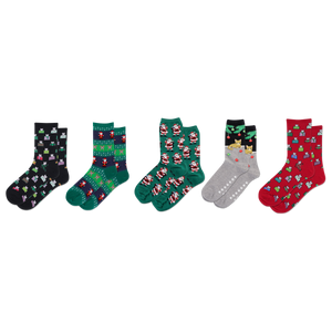 Set of five pairs of patterned socks on a white background