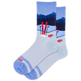 HOTSOX women's blue metallic sparkle socks featuring a snowy mountain scene and red skiis.