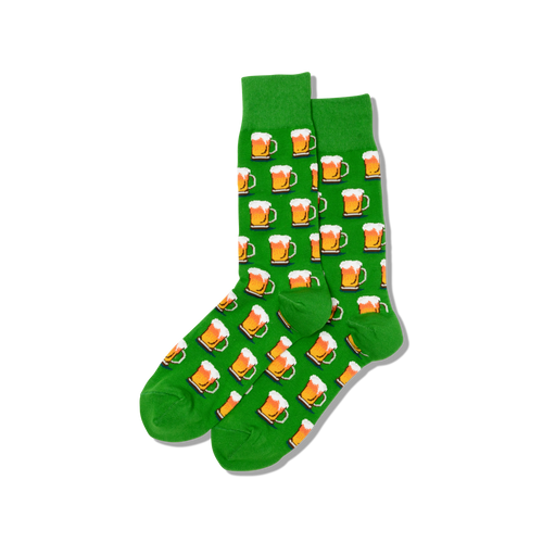 Green socks with beer mug pattern on a white background