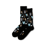 Black socks with medical-themed pattern on a white background