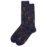 Navy blue socks with brown cowboy boot pattern on a white background