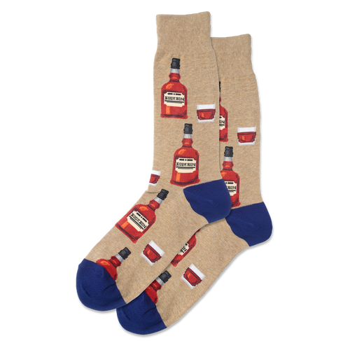 Beige socks with red bottle and blue cup design on a white background