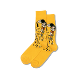 Yellow socks with a design of a woman and text on a white background