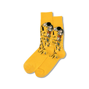 Yellow socks with a design of a woman and text on a white background