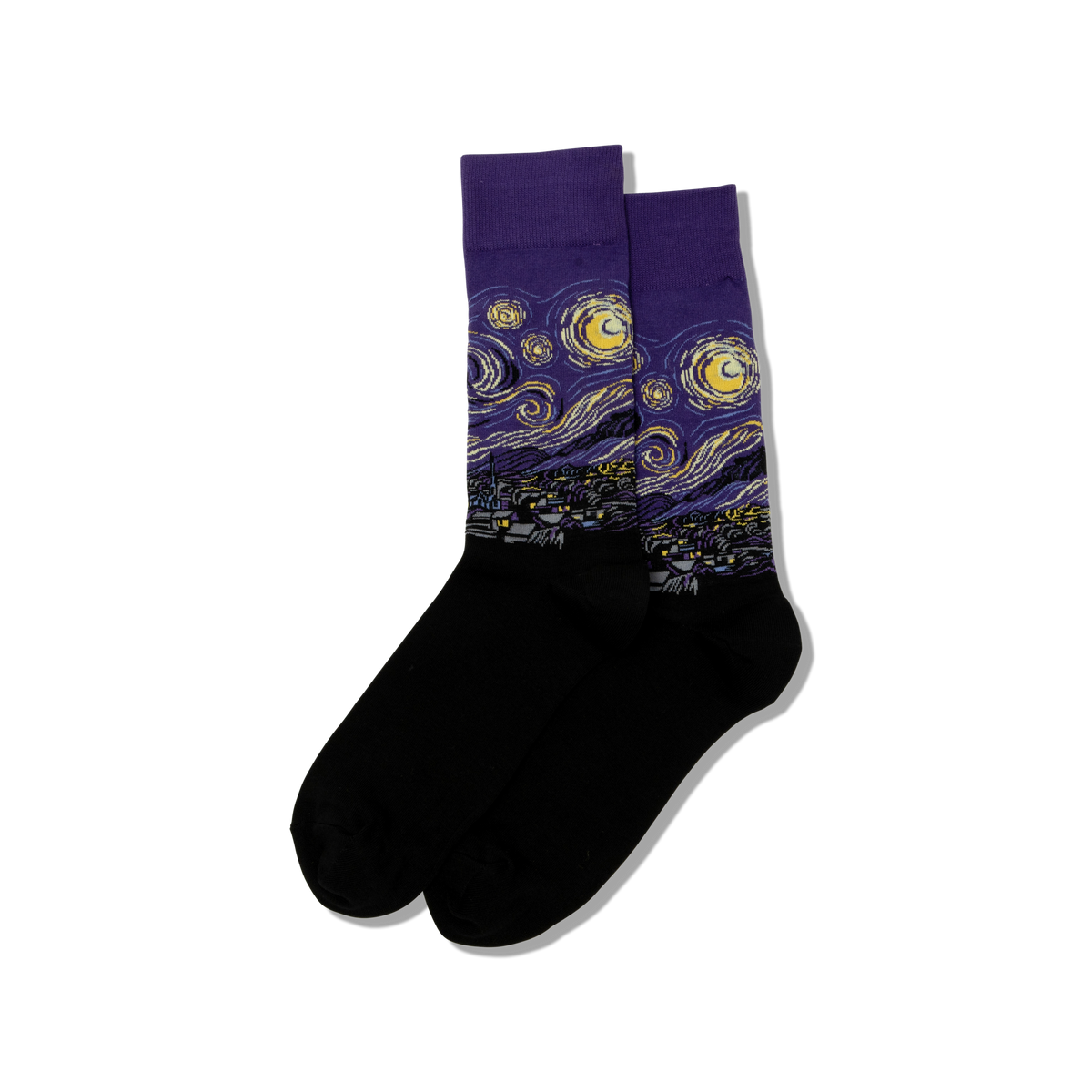 Black socks with a Starry Night design on a white background
