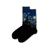 Pair of socks with a design inspired by 'The Starry Night' on a white background