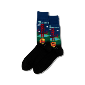 Socks with a design of the Golden Gate Bridge and cable cars, labeled 'San Francisco'.