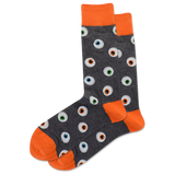 A pair of men's crew socks with a pattern of glowing eyeballs on a dark background and orange trim. thumbnail