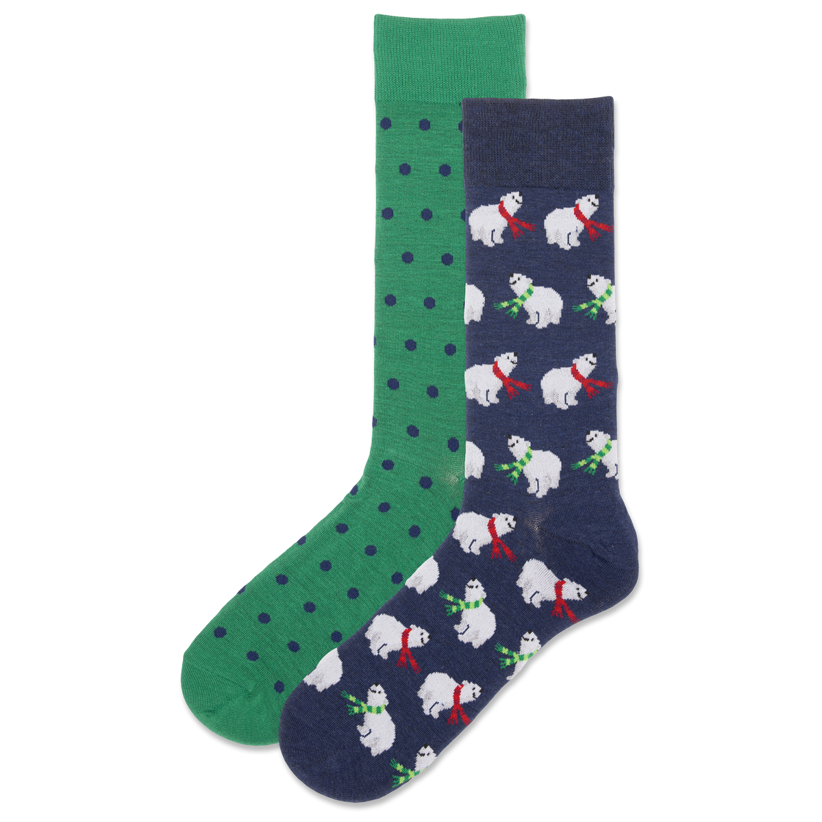 Two pairs of socks, one green with polka dots and the other navy with polar bear patterns, on a white background.
