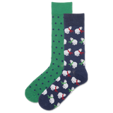 Two pairs of socks, one green with polka dots and the other navy with polar bear patterns, on a white background.