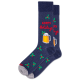 Navy blue sock with 'Happy Holidays' text and beer mug design on a white background thumbnail