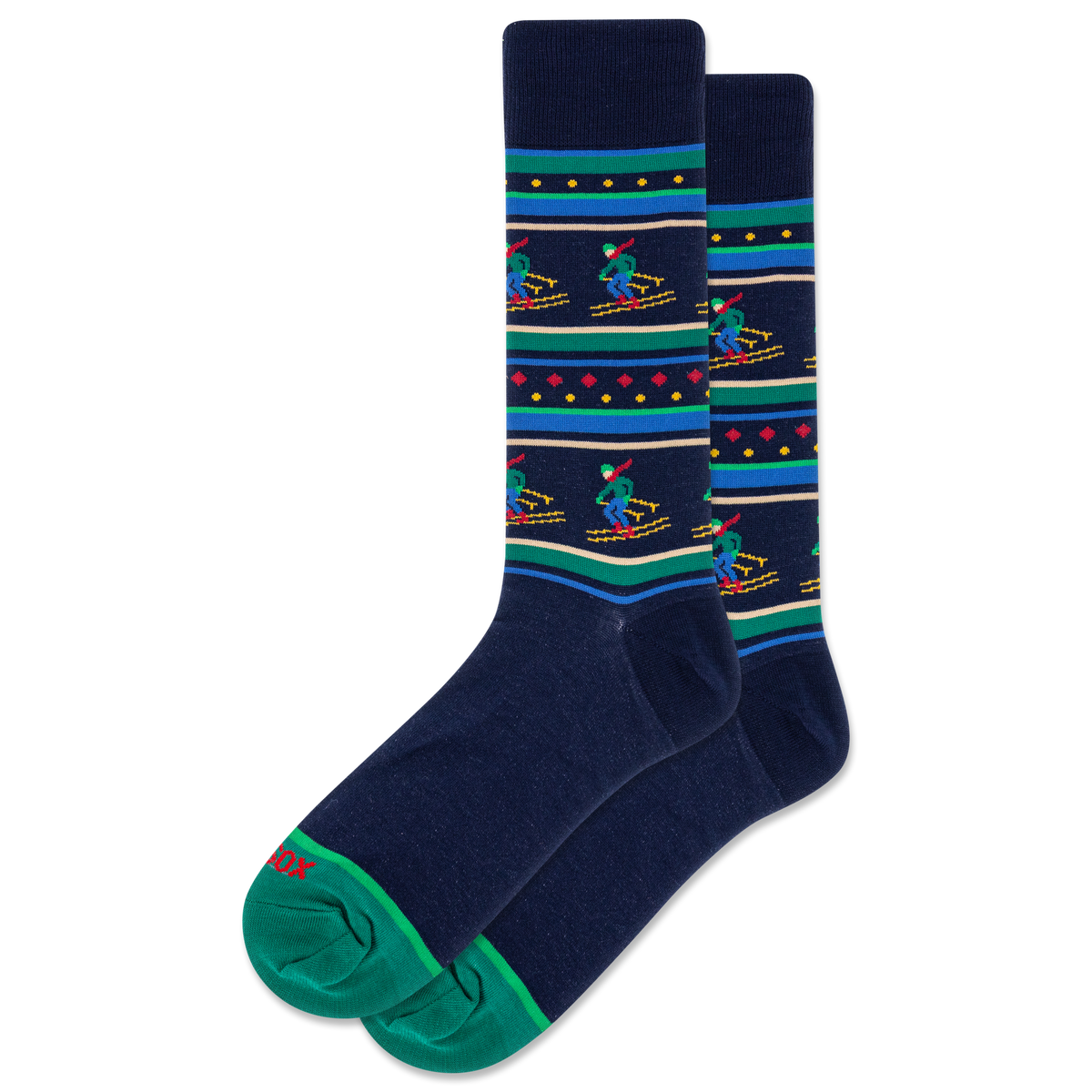 Navy blue socks with colorful patterns on a white background
