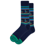 Navy blue socks with colorful patterns on a white background