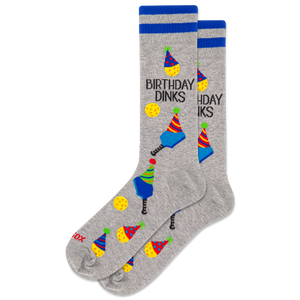 Gray socks with colorful birthday hats and 'Birthday Dinks' text on a white background
