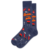 Blue socks with barbecue-themed design and 'Daddio of the patio' text on a white background