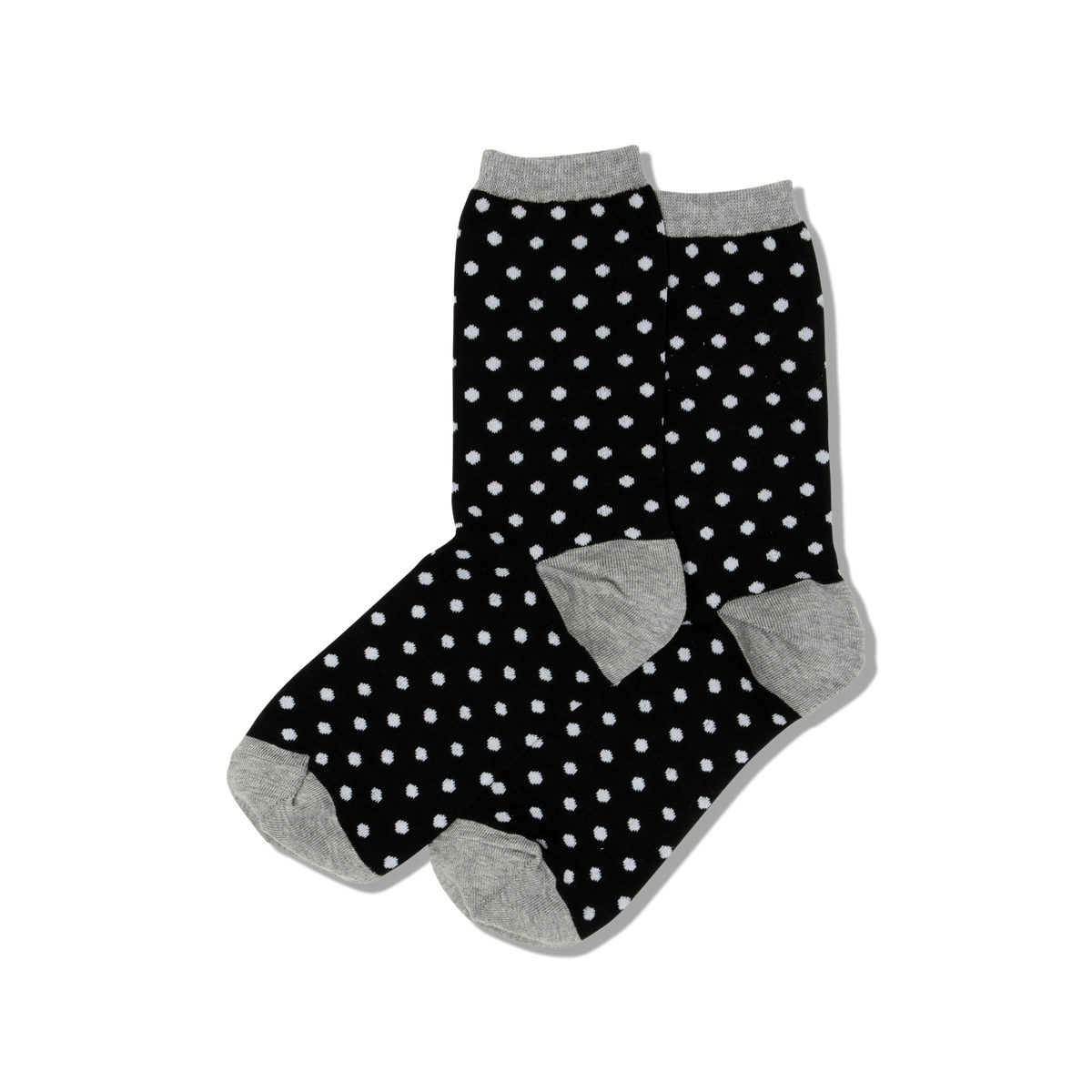 HOTSOX women's black and white polka dot socks with gray accents at the top cuff, heel and toe.