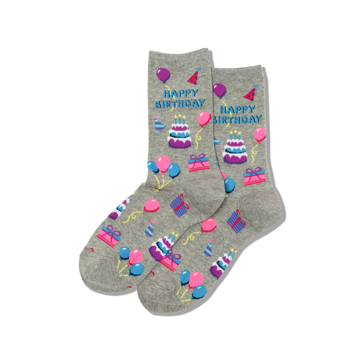 Gray socks with birthday-themed designs on a white background