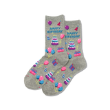 Gray socks with birthday-themed designs on a white background thumbnail