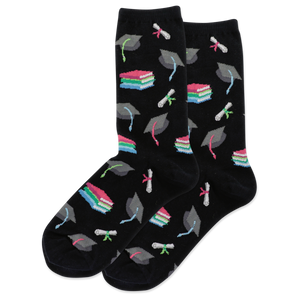 Black socks with graduation cap and diploma pattern on a white background