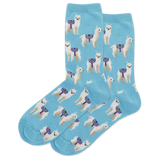 Blue socks with white llama illustrations on a white background