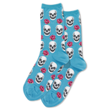 Blue socks with skull and flower pattern on a white background thumbnail