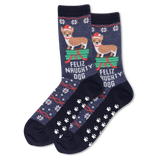 Pair of socks with festive design featuring dogs and text on a white background